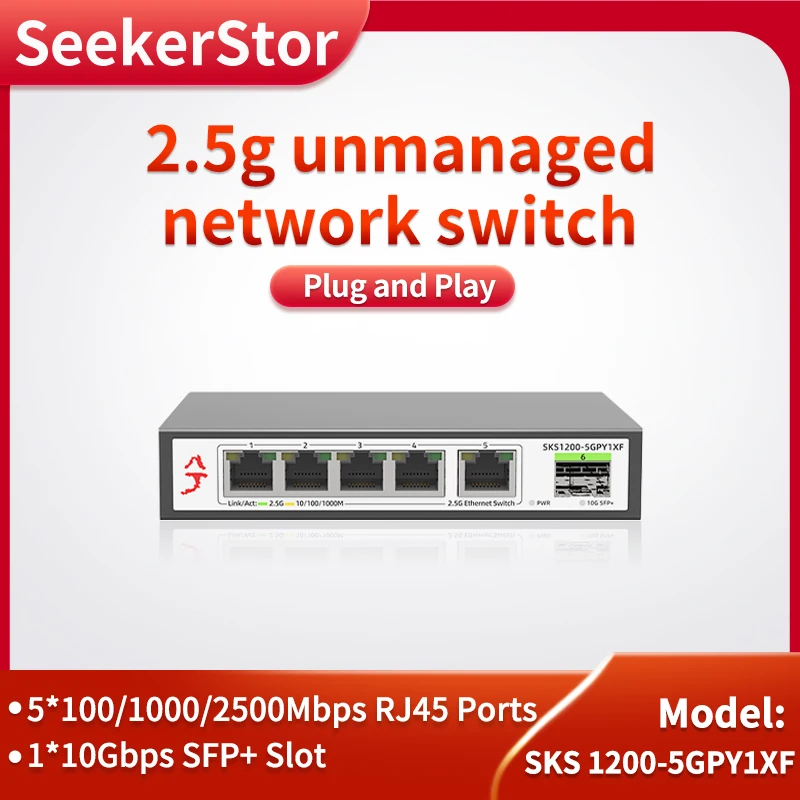 SeekerStor 6 Ports 2.5g Unmanaged Network Switch 100/1000/2500Mbps 5 RJ45 Ports Switch & 10Gbps SFP+ Slot Plug and Play seekerstor 12ports l2 managed network switch 100 1000 2500mbps 8 rj45 ports 10gbps sfp slots support vlan