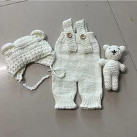 Vêtements de photographie pour nouveau-nés, barboteuse tissée à la main, pantalon, chapeau d'ours et poupées d'ours, accessoires de décoration, tenues de séance photo pour bébé, 3 pièces/ensembles 4
