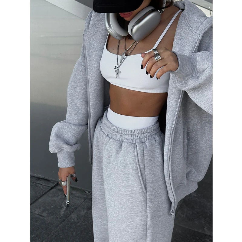 Crop Top Outfits Con Jogger Gris Mujer Autumn And Winter Women's - Main Image