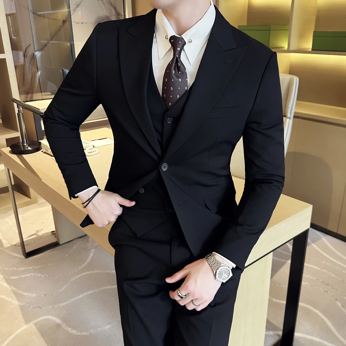 Men's Formal Slim Fit Business Work Wedding Stage Tuxedo Fashion Men Social Dress Suit 3 Pieces Set Jacket Vest Pant