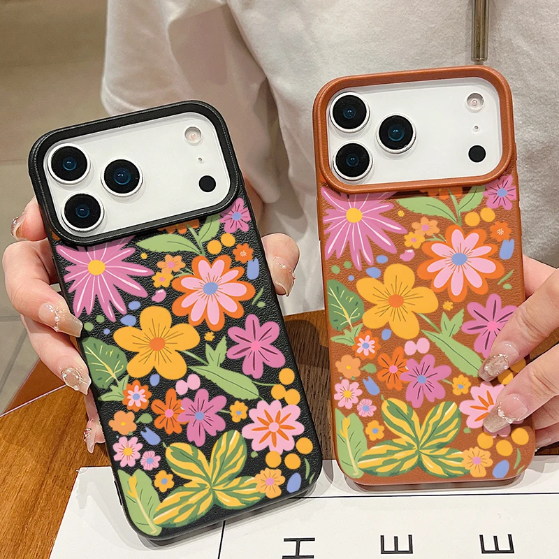 Vibrant Cartoon Flowers Shockproof Leather Texture Silicone Phone Case