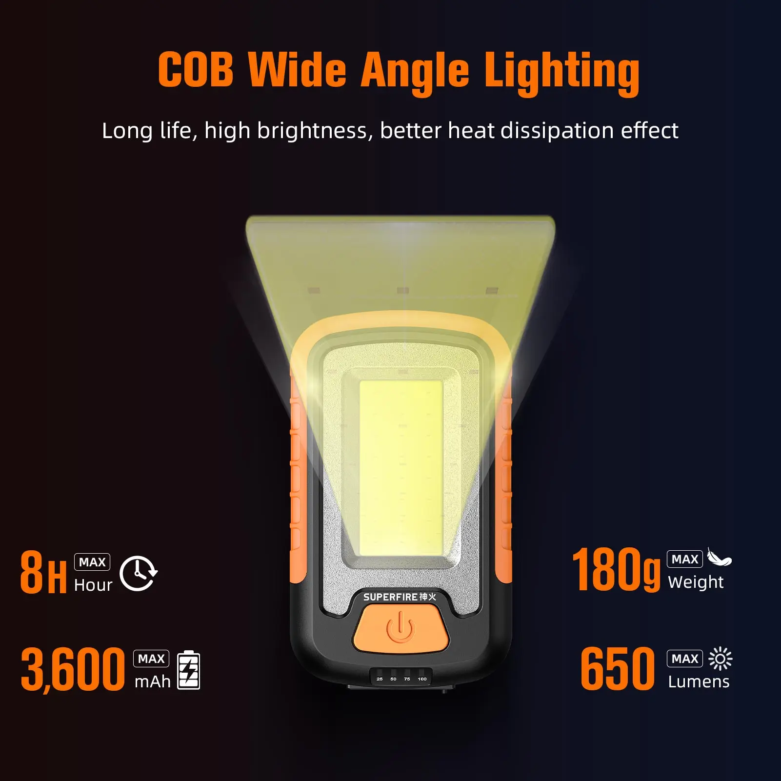 SUPERFIRE G21 다기능 작업등, COB 충전식 LED 손전등, 내장 배터리, 휴대용 자동차 수리 비상 램프