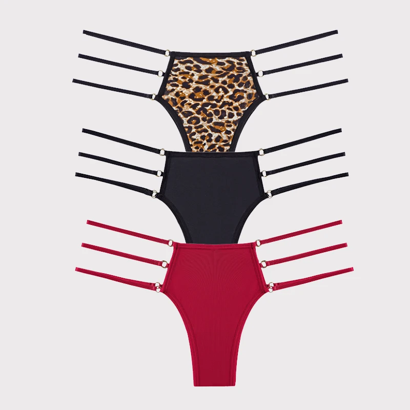 BANNIROU 3Pcs Sexy Panties For Woman String Underwear Briefs Low-Rise Leopard Solid Underwear For Ladies Seamless Intimates