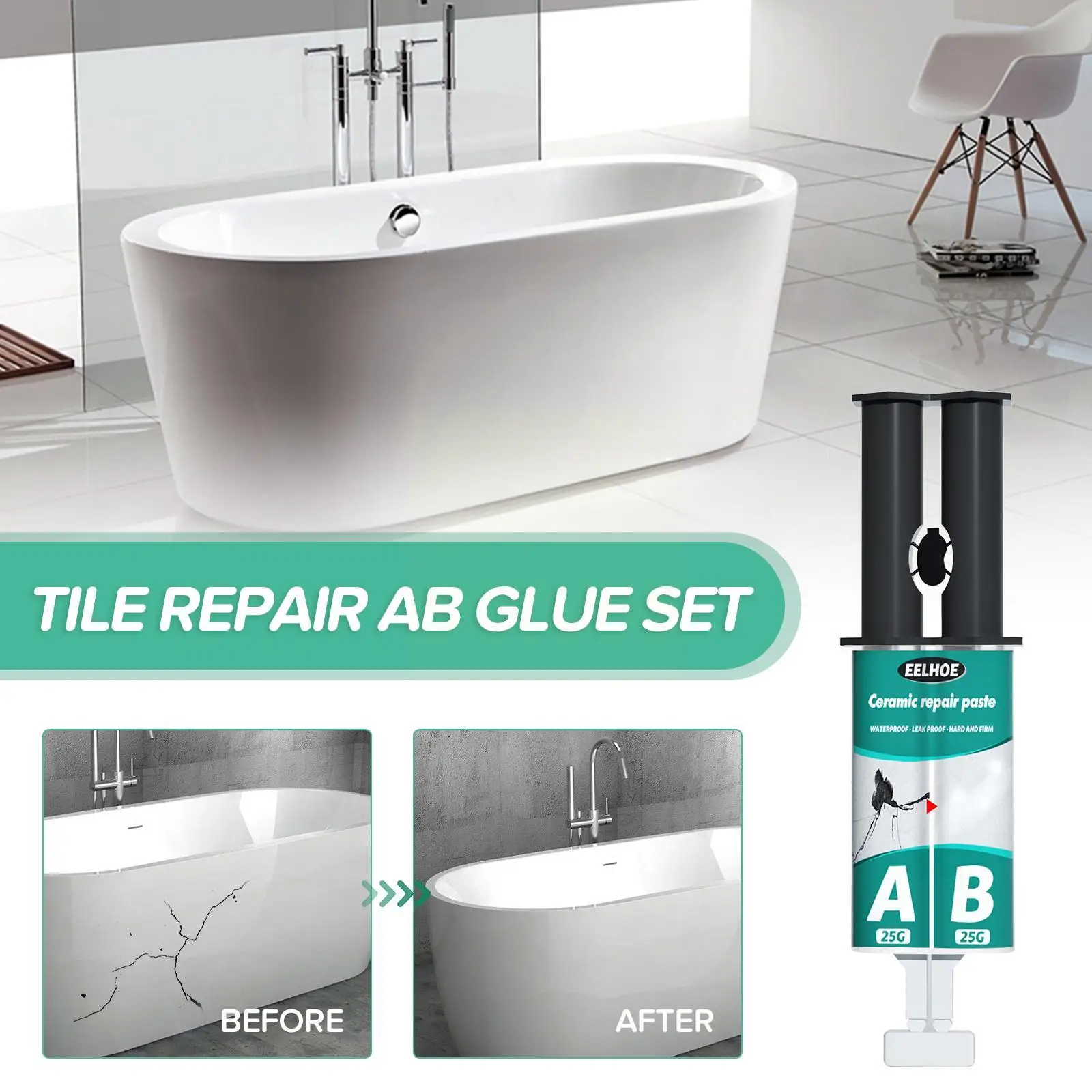 2 Type A+B Ceramic Repair Paste Tub Tile Shower Wall Fiberglass Porcelain  Repair Kit For Crack Chip Bathroom Tub Floor