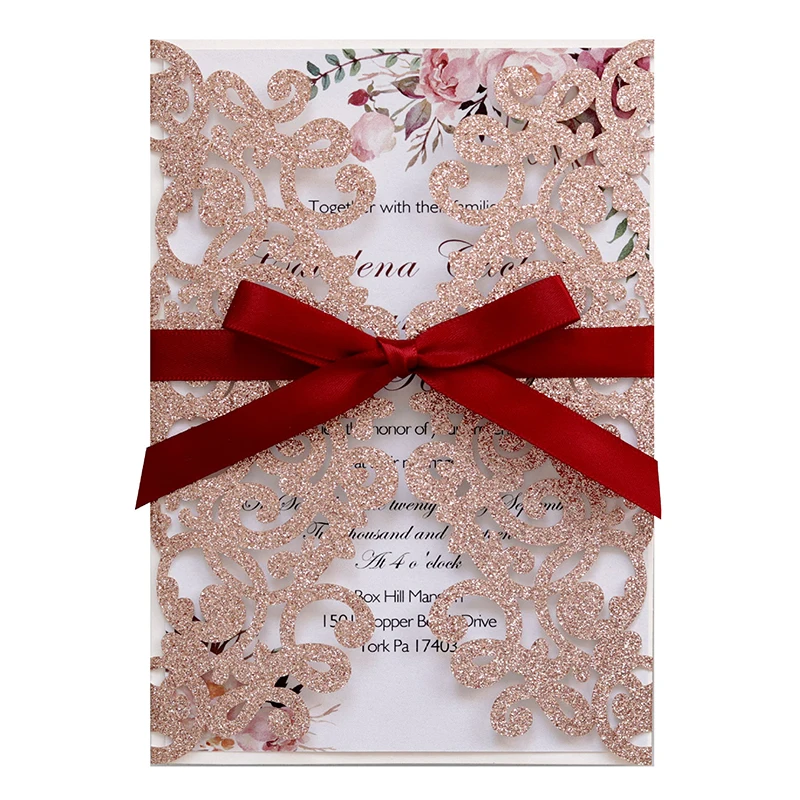 50Pcs Glitter Paper Lace Wedding Invitations Laser Cut Greeting Card Envelope Bridal Shower Invitation Card Birthday Party Decor