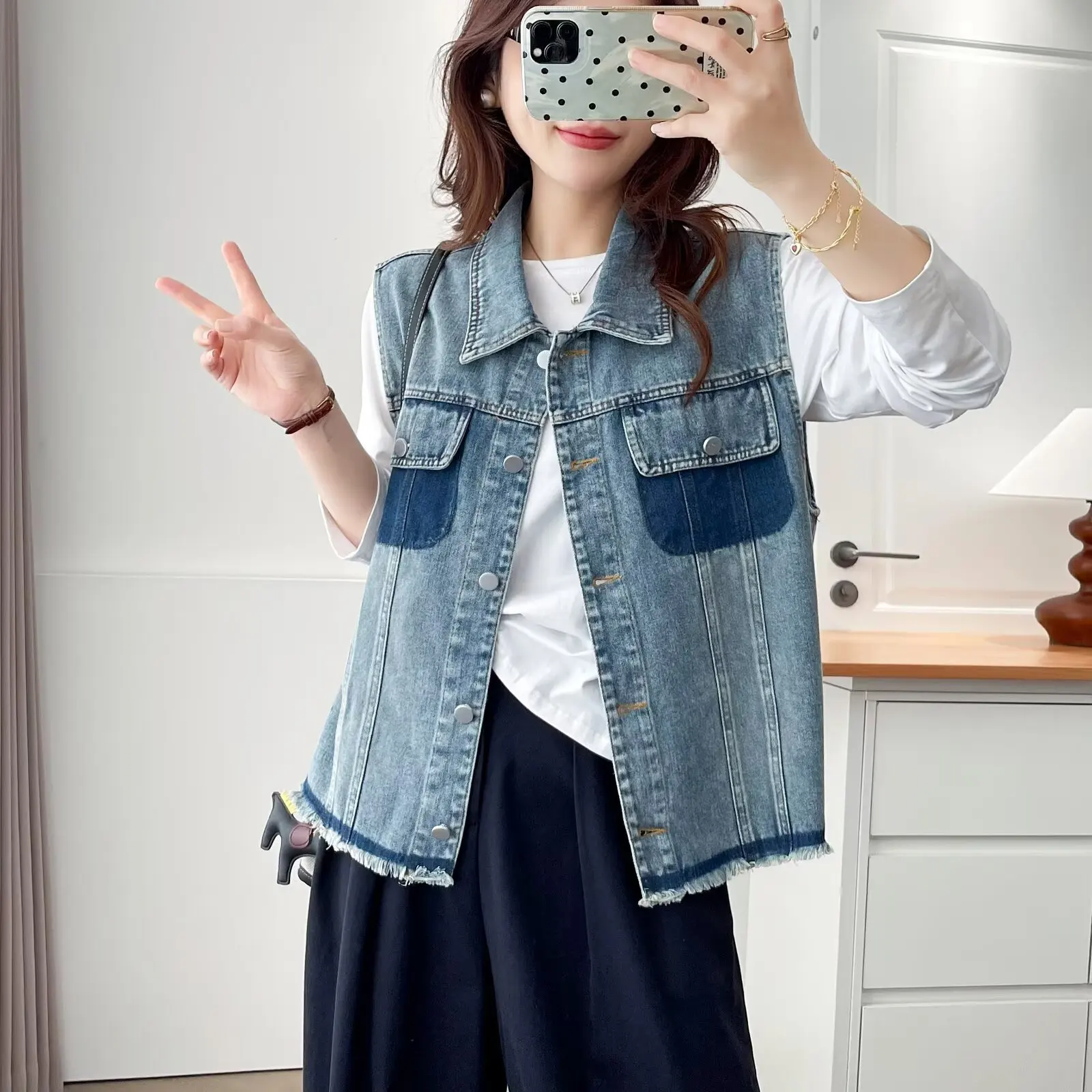 XXXXL Fashion Plus Size Women's Denim Vest Autumn Casual color-blocking Retro Sleeveless Coats 8316