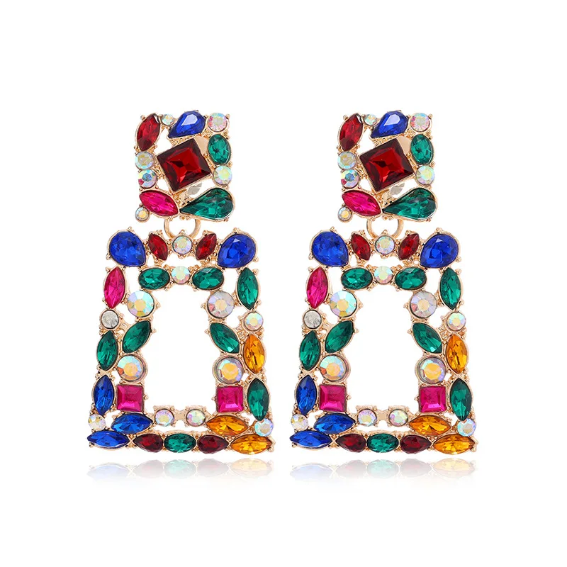 2026 Trendy Unisex Clip-On Earrings - Colorful Crystal Geometric Statement Dangle, Non-Pierced