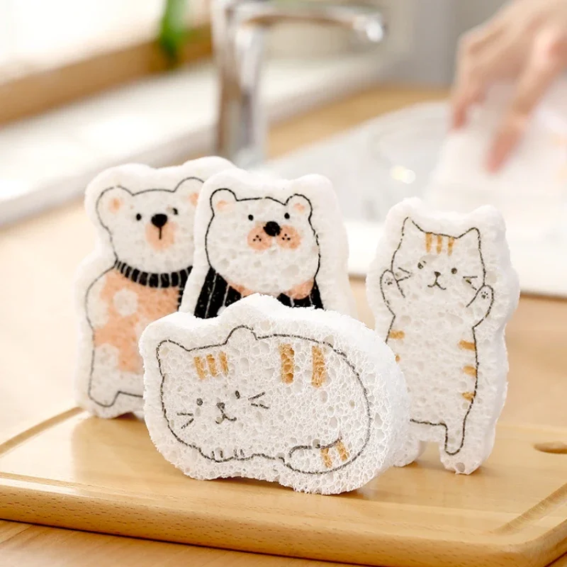 

Cute Cartoon Cat Bear Wood Pulp Cotton Sponge Brush Kitchen Cleaning Tools Non-stick Oil Rag Cleaner Household Cleaning Products