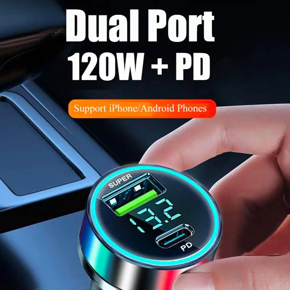 Car Charger Super Fast Charge Adapter Type C USB 120W Portable Metal Display Car Charger Resistant To High Temperatu