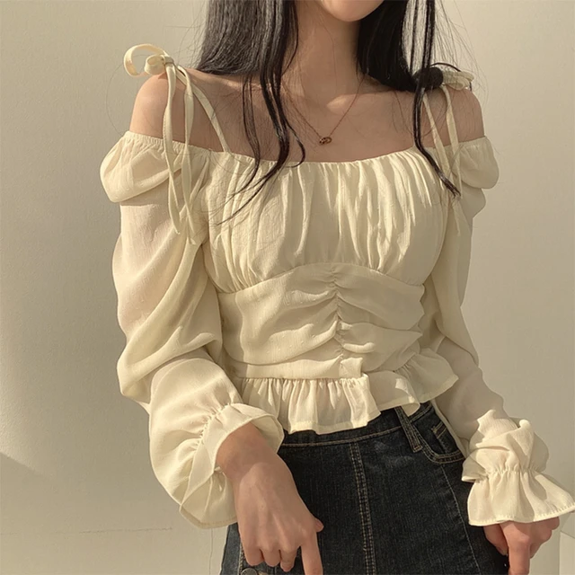 2023 Fashion Women Shirts Spring New Off Shoulder Lace Up Tops French Style  Vintage Long Sleeve Blouses - AliExpress