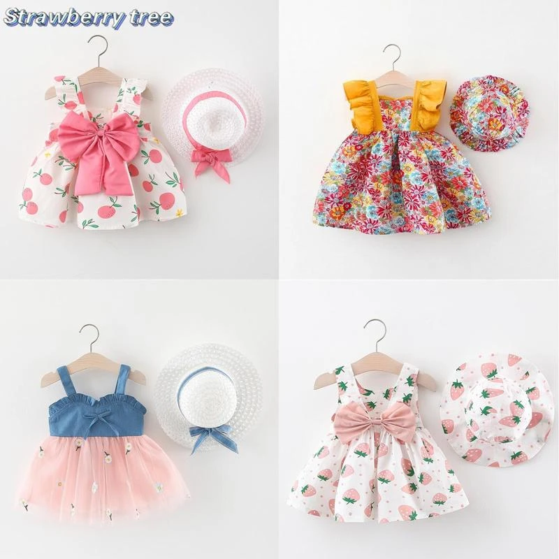 Baby Girls Bow Cotton Sleeveless Kids Princess Dresses+hat Summer Newborn Print Infant Party Dress Beach Party Vestidos Clothes baby girl doll skirt