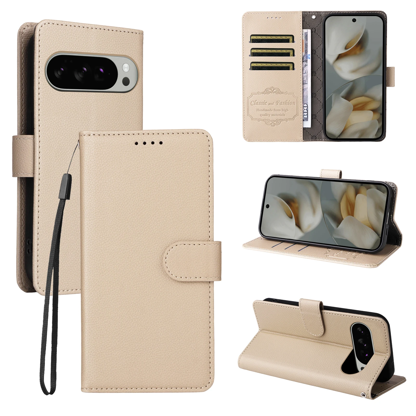Luxury Litchi Pattern RFID Blocking Wallet Leather Case with Magnetic Flip Cover
