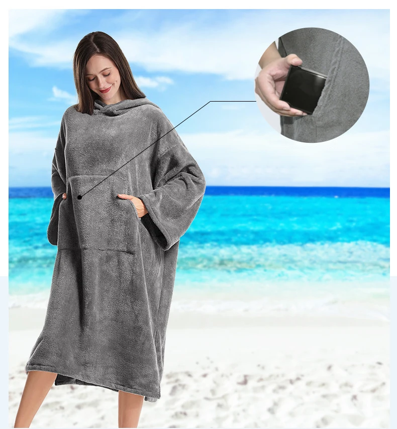 Changing Robe Towel Poncho Surf Short Sleeve Bath Robe with Hooded Quick Dry Microfiber Towelling for Men and Women