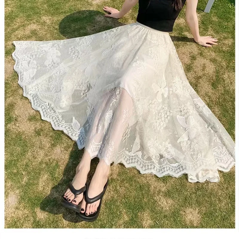 Femmes Rétro Médiéval élastique Dentelle Taille Haute Boho Maxi Jupe Décontracté Cordon Une Ligne Longue Jupe Jupe Mi Longue Chic