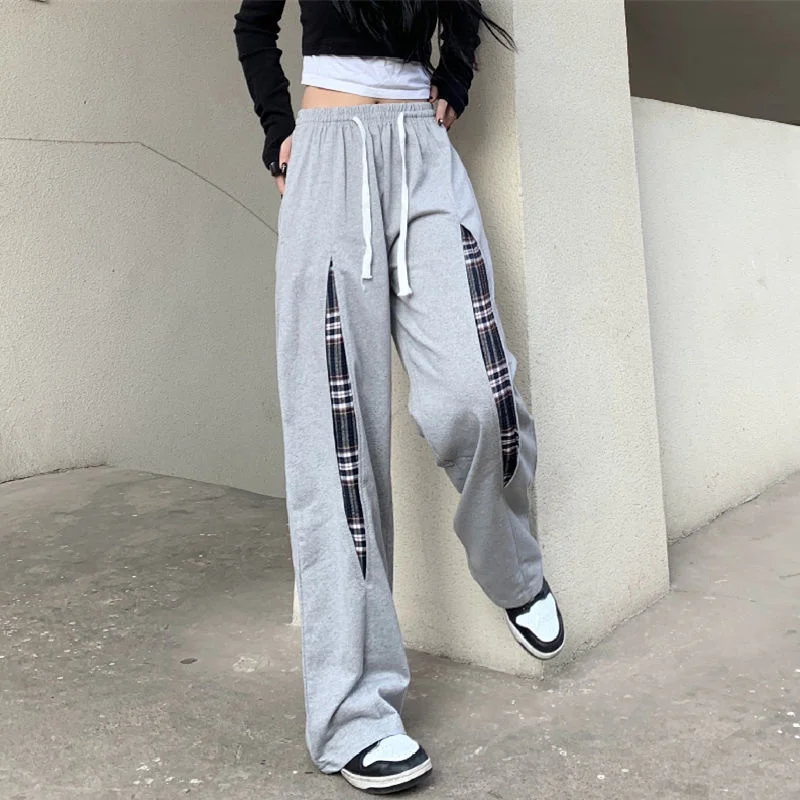 

Hip-hop Street Casual Pants Loose Trend Straight Wide-leg Trousers Mopping Stitching Plaid Sports Sweatpants Thin Four Seasons