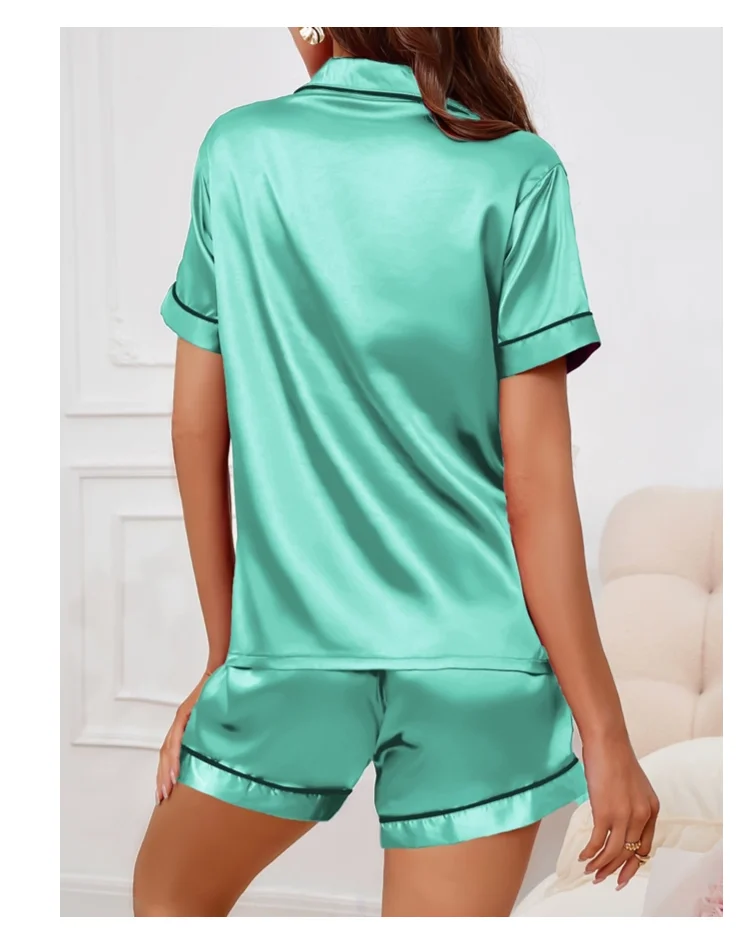 Sommer Seide Satin Frauen Pyjamas Set Button Down Top & Shorts 2 Stück Nachtwäsche gekerbten Kragen Nachtwäsche Lounge wear für Frauen – Detail 24