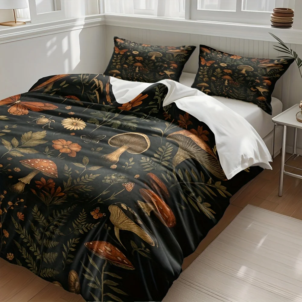 3Pcs Autumn Forest Plants Fungus Print Duvet Cover Set, Soft Comfortable Machine Washable Bedding with Pillowcases, All Season