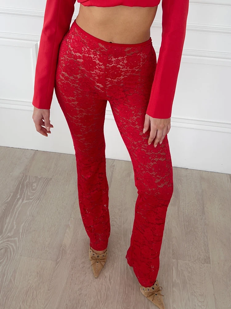 Fantoye Sexy See Through Lace Women Pant Black High Waist Printed Floral Long Pant Female 2024 Summer Skinny Elegant Streetwear