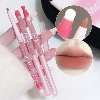 Matita per labbra opaca a 2 colori Matita per labbra nude con pennello per labbra Impermeabile Rossetto rosa pesca naturale Matita per contorno labbra Trucco