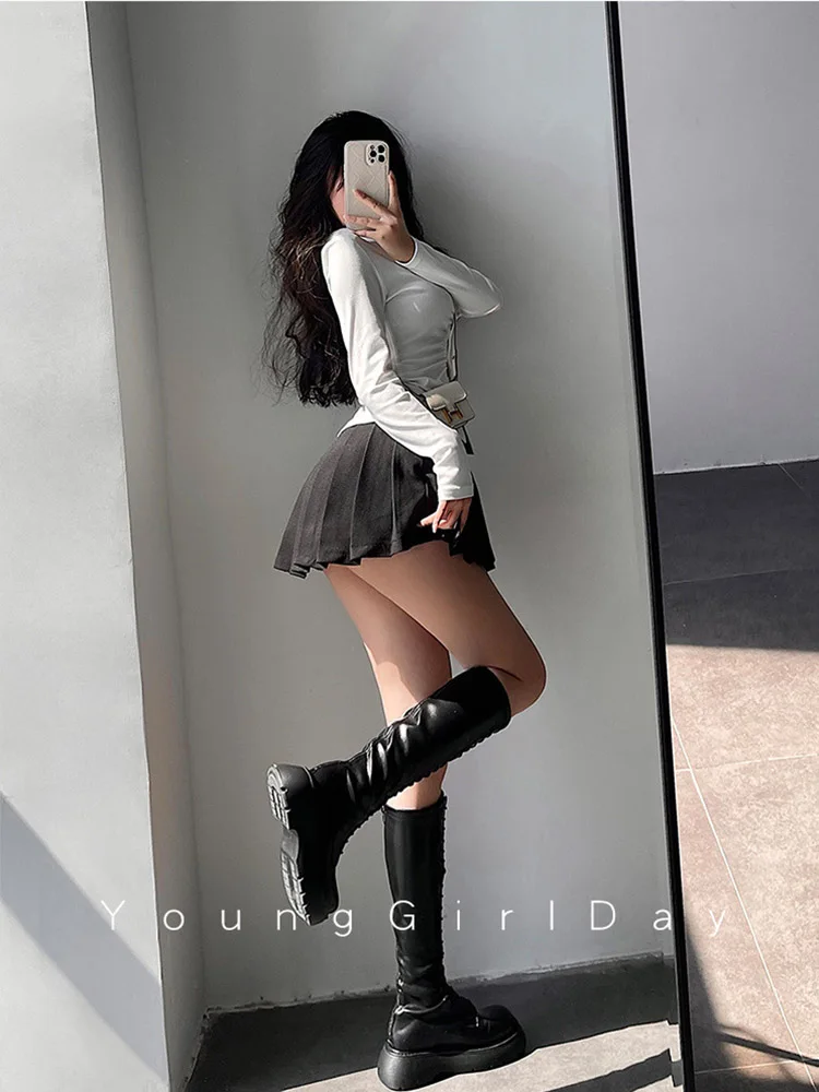 Pleated Skirt with Shorts Women Sexy High Waist White Black A-line Korean Gyaru Mini Tennis Skirt School Girl Summer 4