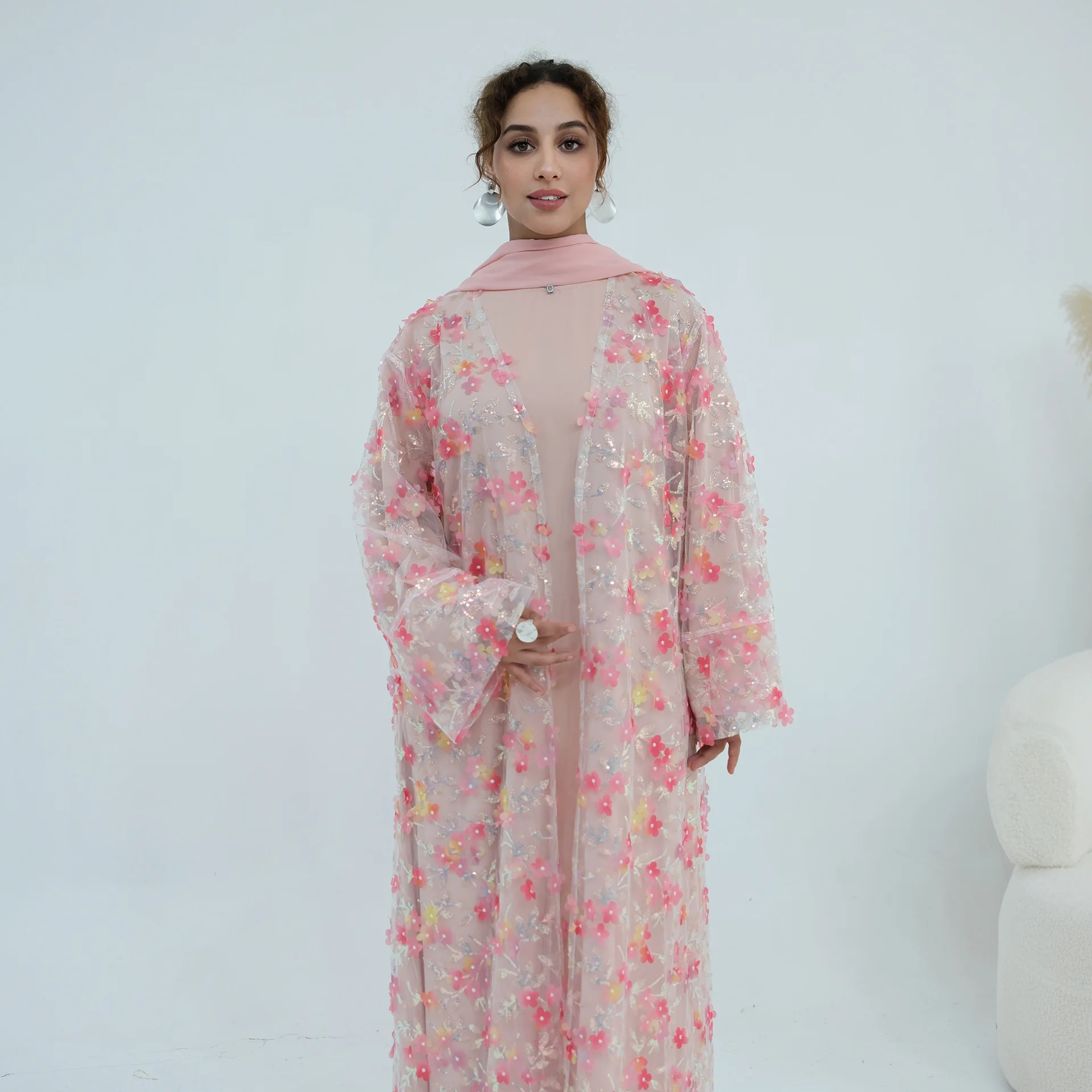 3PCS Muslim Women Matching Set Flower Embroidery Kimono Cardigan Maxi Dress Hijab Robe Abaya Dubai Kaftan Islam Jalabiya Kebaya, view 3