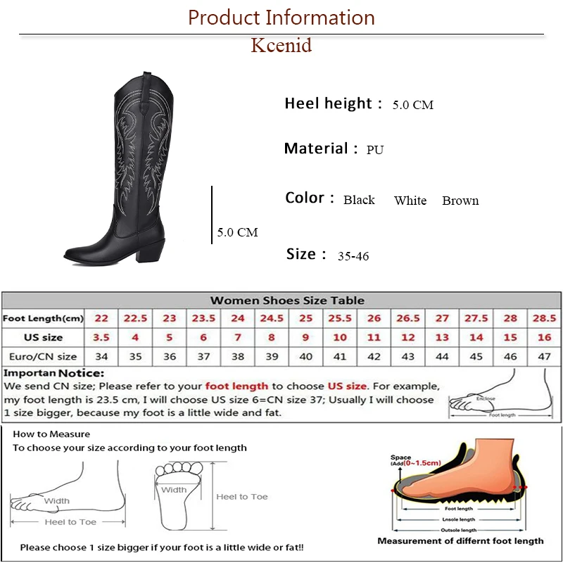 Kcenid Cowboy Knee High Boots Women Western Fashion Embroidery Pointed Toe Long Boots Vintage Slip On Women Boots Plus Size 46