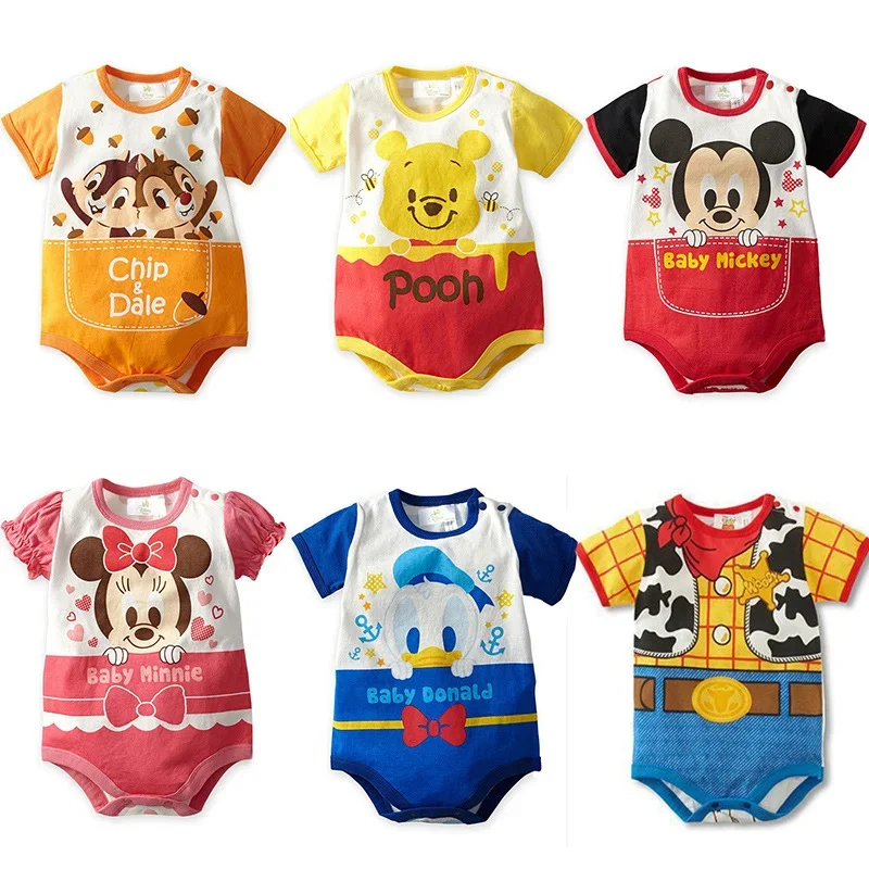 

2024New Disney Cartoon Character Series Baby Clothes Cotton Short-sleeved Triangle Bag Fart Clothes One-piece Hari Climbing Suit