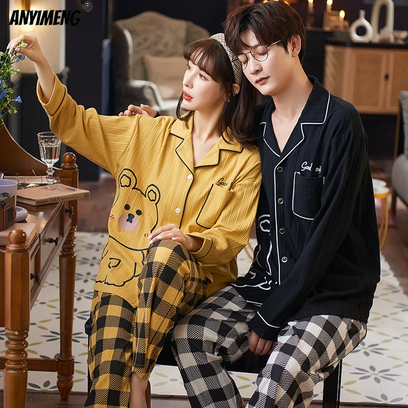 

New Autumn Winter Fashion Knitted Cotton Couple Pajamas Kawaii Bear Printing Long Sleeve Plaid Pants Homesuit Casual Nightwear