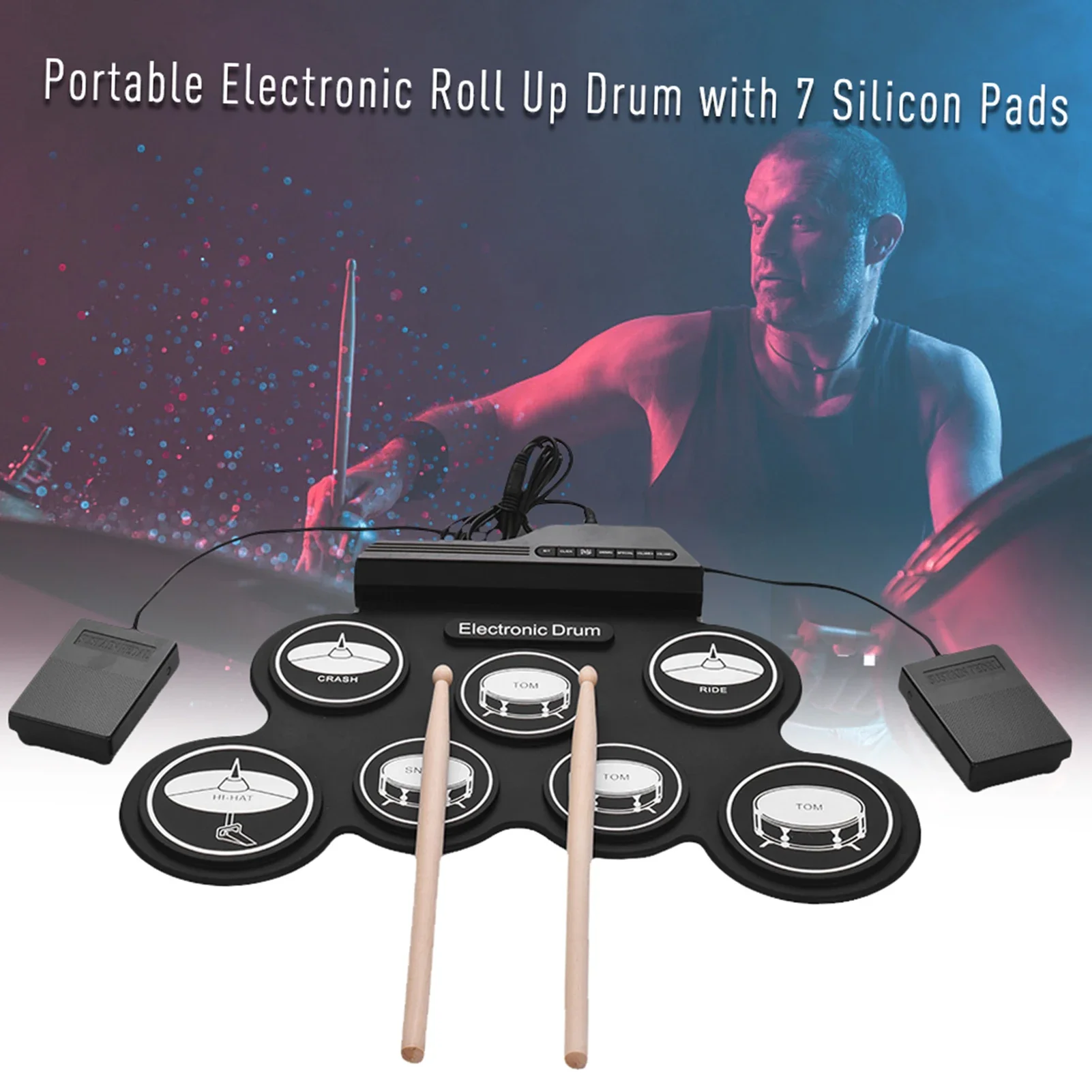 Description Picture 5 of itemElectronic drum set with USB, rolled up silicon drum pad, digital foldable electric portable compact,manual practice with pedal