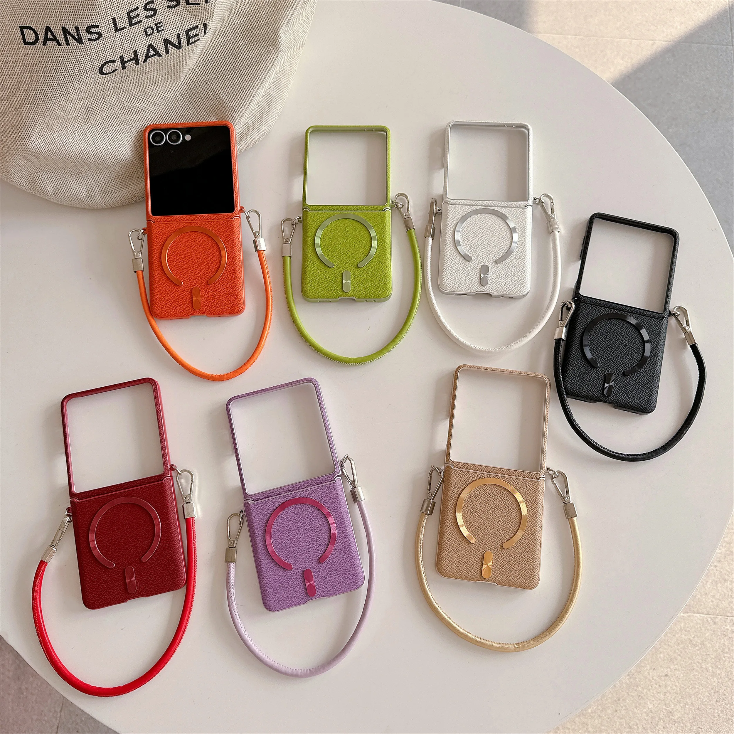 Elegant Leather Magnetic Phone Case with Wrist Strap and Lanyard - Supports Wireless Charging