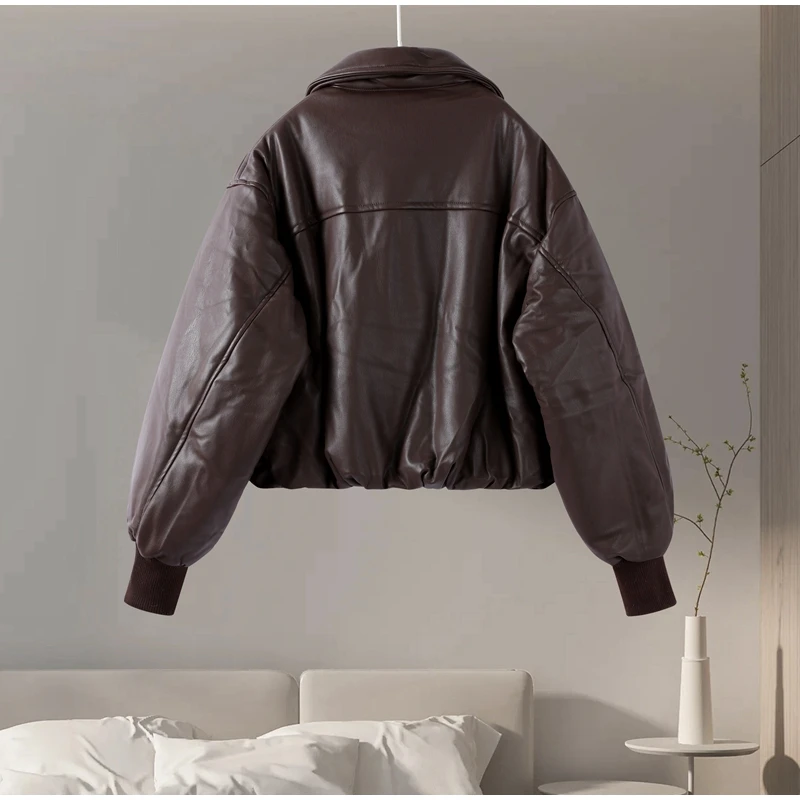 Description Picture 3 of itemVintage Winter Pu Leather Thick Women Jacket Chic Lapel Collar Full Sleeve Pockets Female Crop Coat 2024 Fashion Lady Outwear