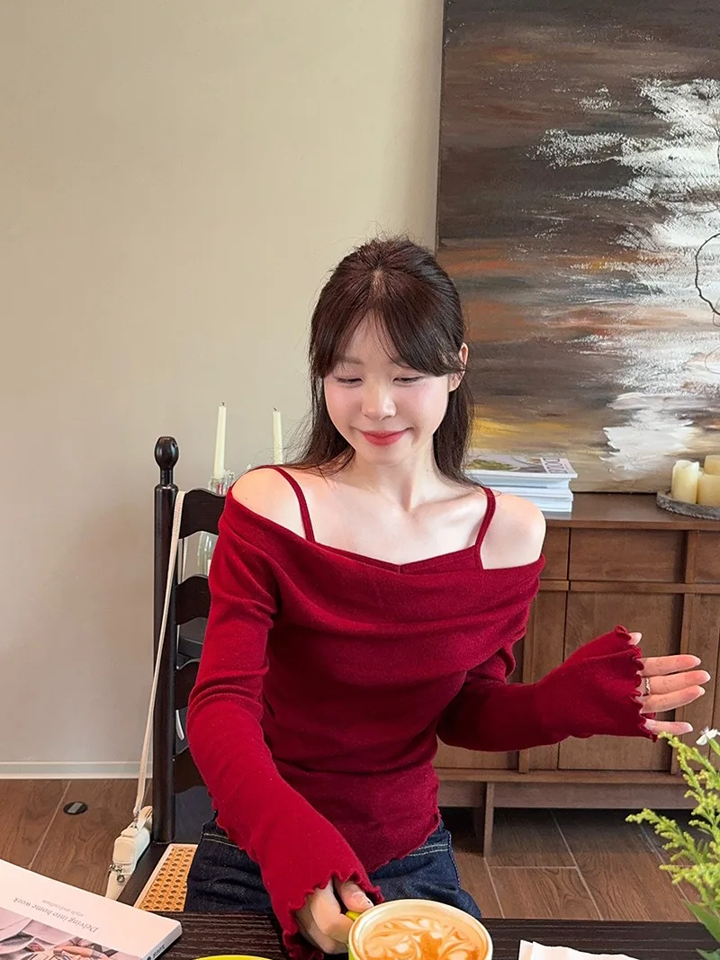 Fake Two-piece Off Shoulder Long Sleeve T-shirt Women's Sexy Slash Neck Flare Sleeve Base Shirt Top Autumn Casual Slim Fit Tops