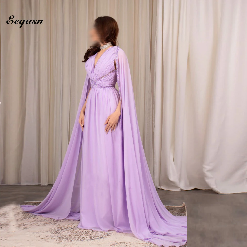 Trendy Chiffon Evening Dresses Long with Cape Saudi Arabia Beads V Neck Elegant A-line Formal Evening Gowns Floor Length