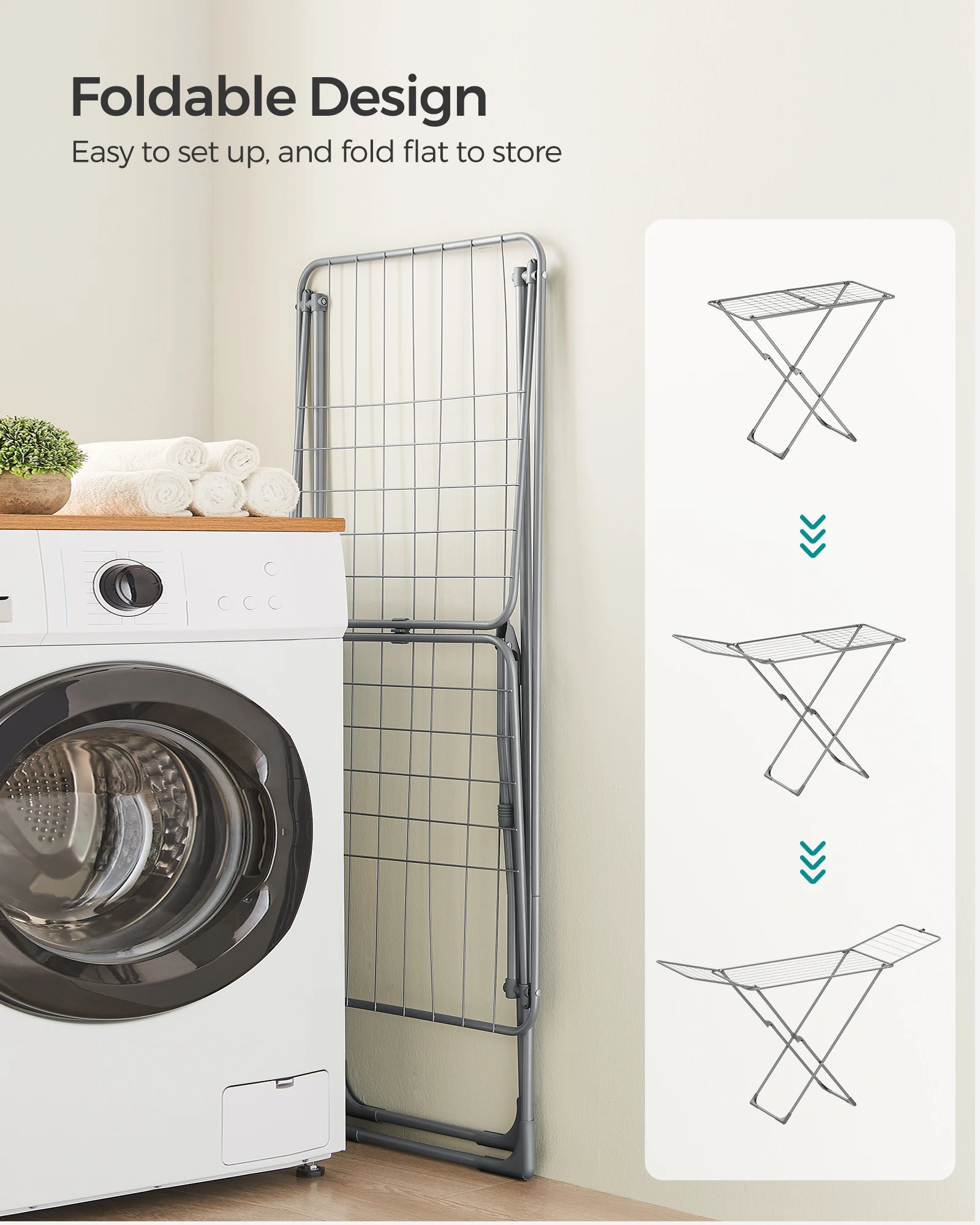SONGMICS Clothes Drying Rack, Metal Laundry Drying Rack, Foldable, Space-Saving, Free-Standing Airer, with 2 Gullwings 4