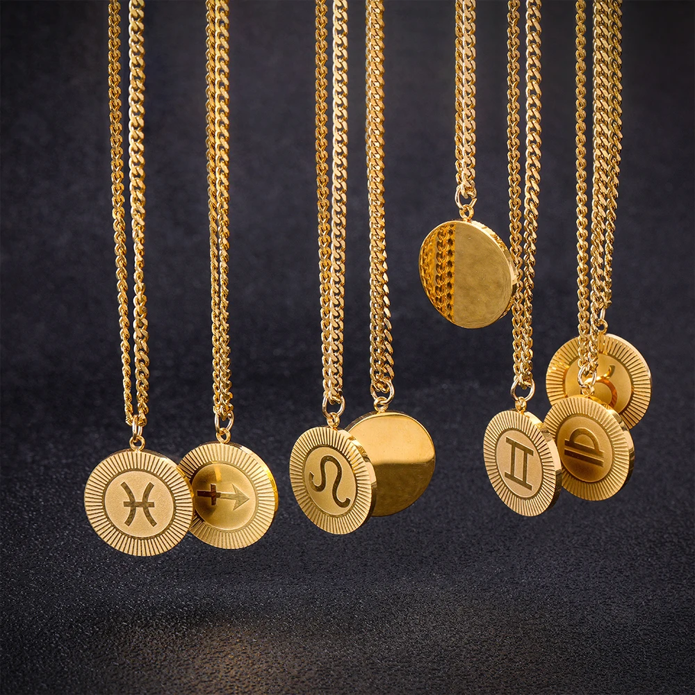 Zodiac Sign Necklace for Women 12 Constellation Symbols Round Circle Pendant Stainless Steel Chain Necklace Jewelry Hiphop