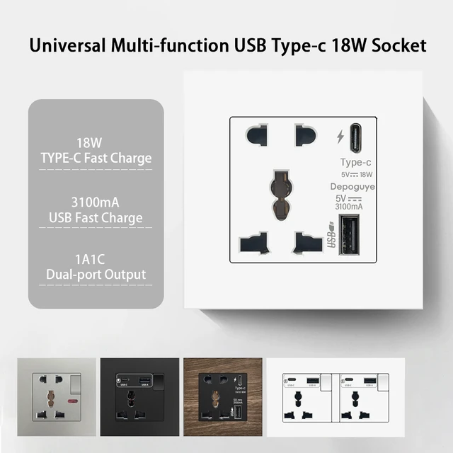 Universal 18W Type-C Quick charge 3/5-pin socket,Uk Wall Electrical Outlet with USB charger,White smart Double Power socket plug