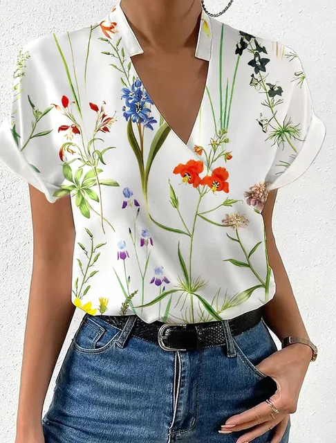 Blusa Elegante Impressa com Mangas Curtas