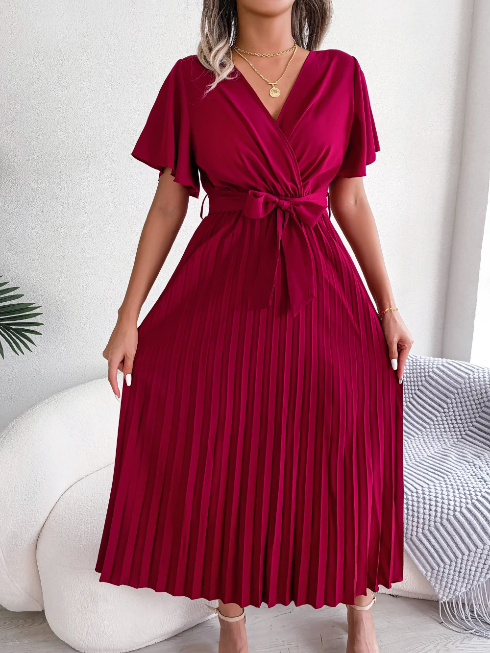 

Women's 2024 Summer Casual V-neck Short sleeved Pleated Chiffon Maxi Loose Dress Black Red Green Clothing