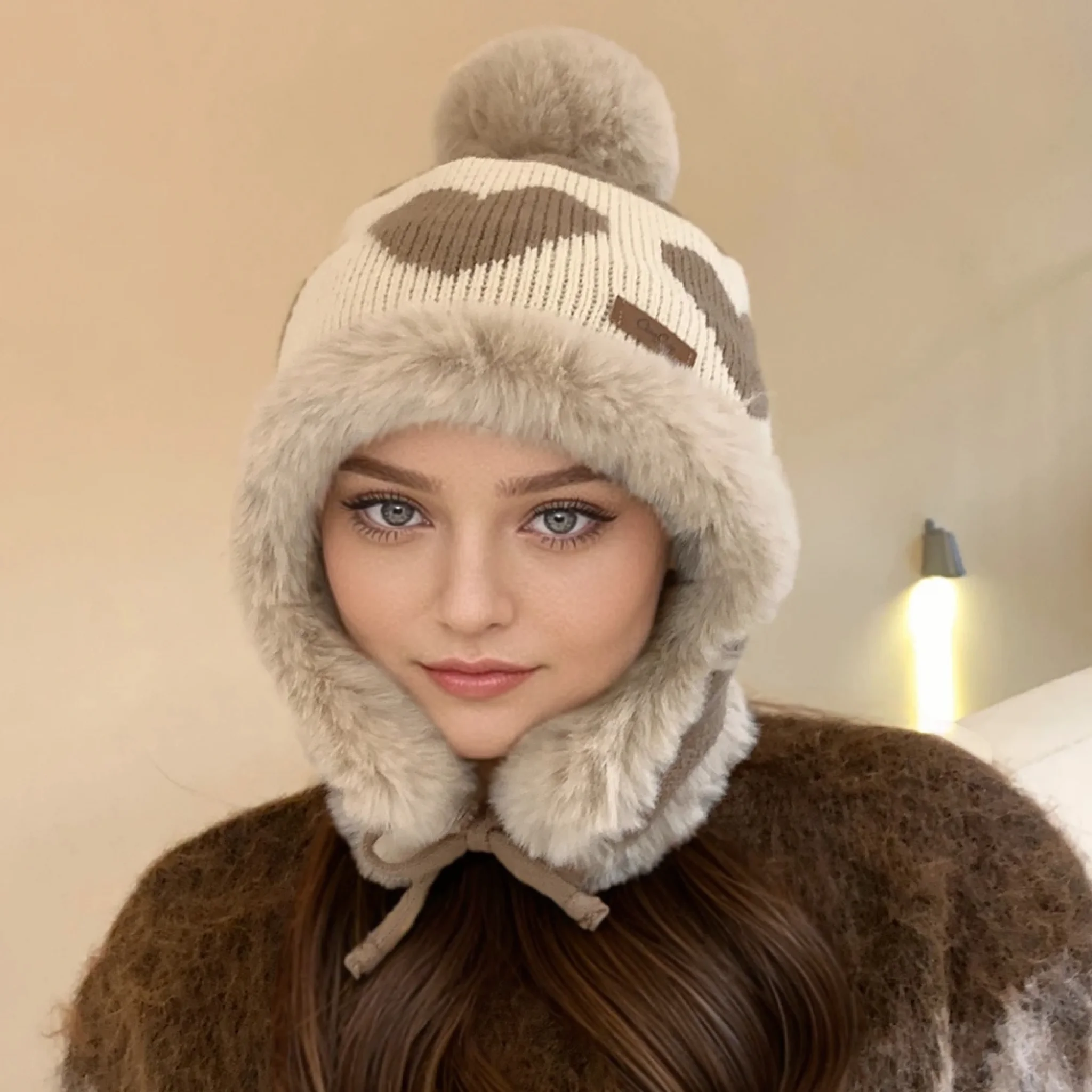 Hot Sale Women Cute Plush Winter Hat Love Print Pompoms Beanie Hats Lovely Ear Protection Cap For Girls