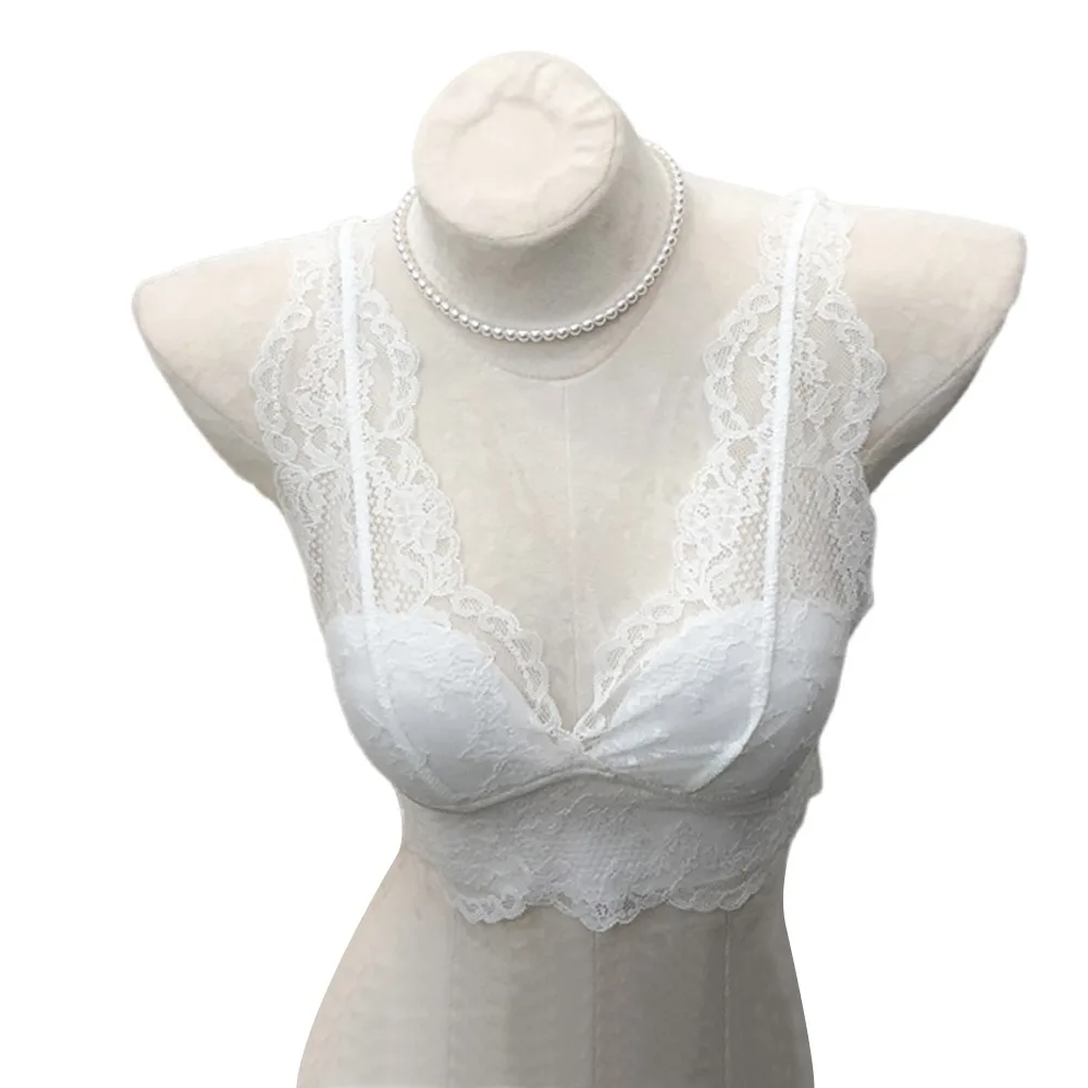 Fashion White Lace Bras Deep V Neck No Steel Ring Bra without steel ring Gathered Design Padded Camisole for Special Occasio