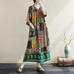 Vintage - Inspired Summer Round Neck Loose Dress - One Size (Green)