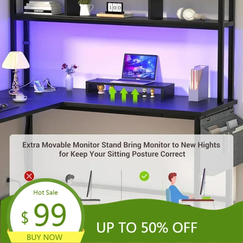 "versatile l-shaped desk with integrated power outlet and led lighting, reversible corner desk for gaming with storage and monit