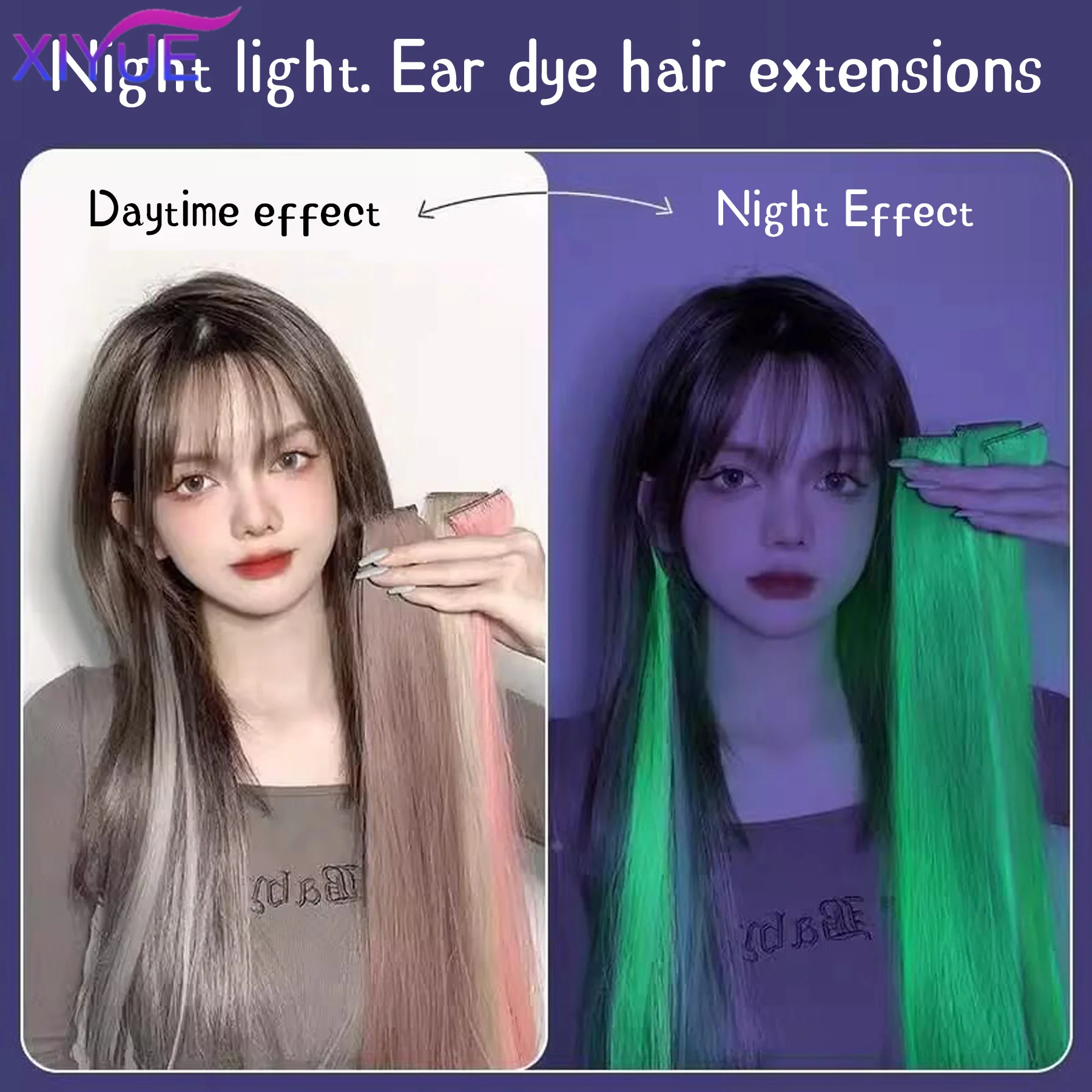 XIYUE Glow In The Dark Hair Extensions Clip Luminous Colored Hairpieces Party Rainbow Hair Clips Synthetic Neon Fake Hair