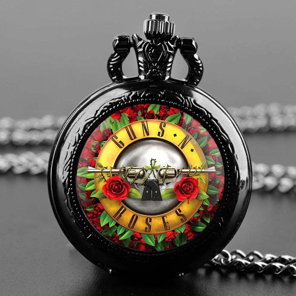 블랙 스테인레스 스틸 Guns N Roses 총알 로고 돔 석영 주머니 시계 목걸이 여성 쥬얼리 펜던트 체인 어린이 선물