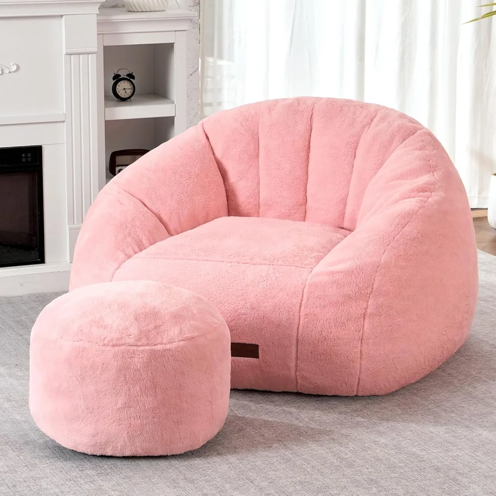 Giant Faux Fur Bean Bag Chair with Ottoman, Shell-Shaped Lounge Sofa for Living Room Bedroom, Pink