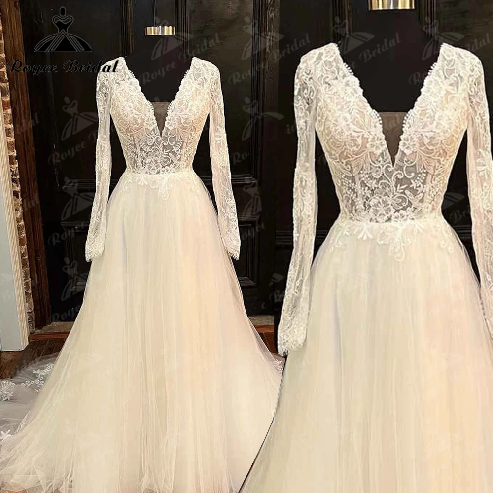 

Beach Mermaid Ivory V-neck Long Wedding Dress with Long Sleeves Tulle Lace Bridal Dress Wedding Gown Ladies 2023 Robe Mariee