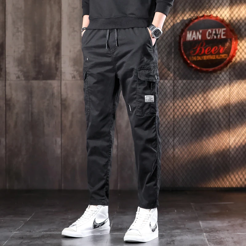 Men's Orange Tactical Cargo Pants Casual Cotton Elastic Waist Drawstring Trousers