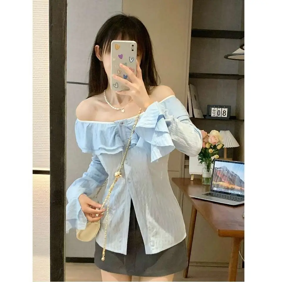 Koszula damska z falbanką na kołnierzu, nowa jesienna bluzka w stylu francuskim, unikatowa bluzka z długim rękawem, czysta pożądanie, top z odkrytymi ramionami.