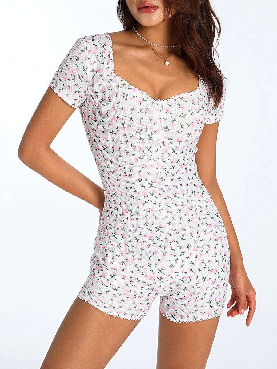 Y2k Short Sleeve Bodysuit Summer V Neck Bodycon Floral Print Shorts Stretchy Pajama Playsuit Rompers Jumpsuit Streetwear 2023