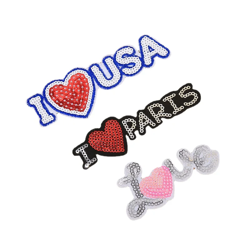 50 Pz/Lotto Lusso Paillettes Grande Ricamo Patch Lettera Applique Angelo Stella Super Ala Amore Cuore Camicia Borsa Decorazione Abbigliamento